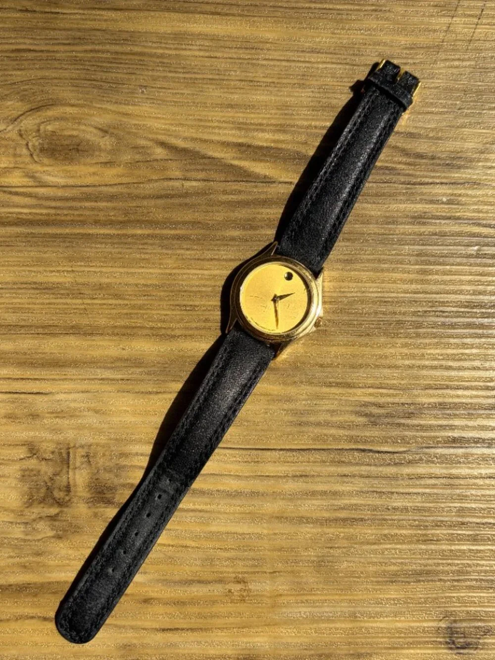 Authentic Gold and Black Leather Movado Womens Watch New Battery Added